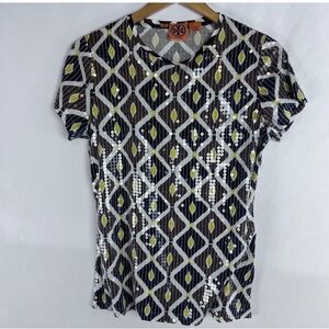 Tory Burch Geometric Sequin Top Black,White,yellow, great condition.